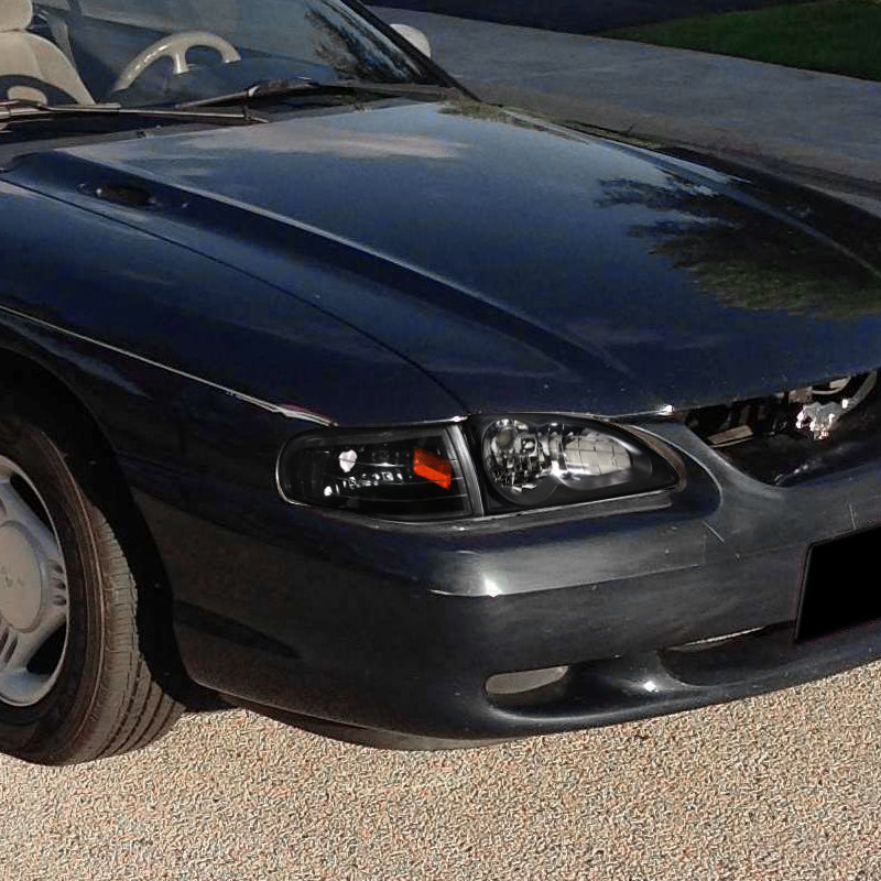 1994-1998 Ford Mustang Corner Parking Turn Signal Lights w/ Amber Reflector (Matte Black Housing/Clear Lens)