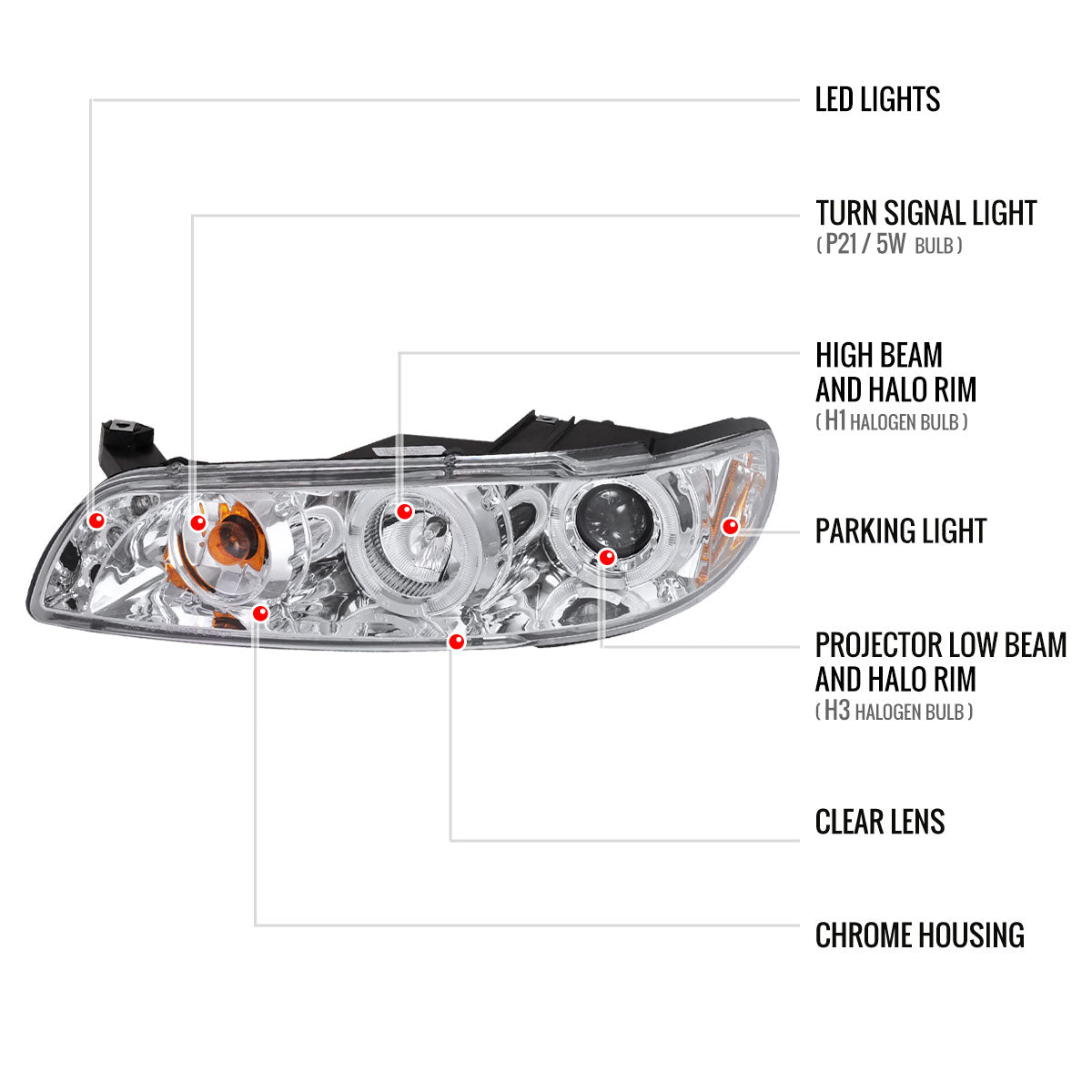 1997-2003 Pontiac Grand Prix Dual Halo Projector Headlights (Chrome Housing/Clear Lens)