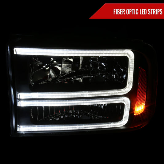 1999-2004 Ford F-250/F-350/F-450/F-550/2000-2004 Excursion Euro Factory Style Headlights with Dual LED C-Bar (Matte Black Housing/Clear Lens)