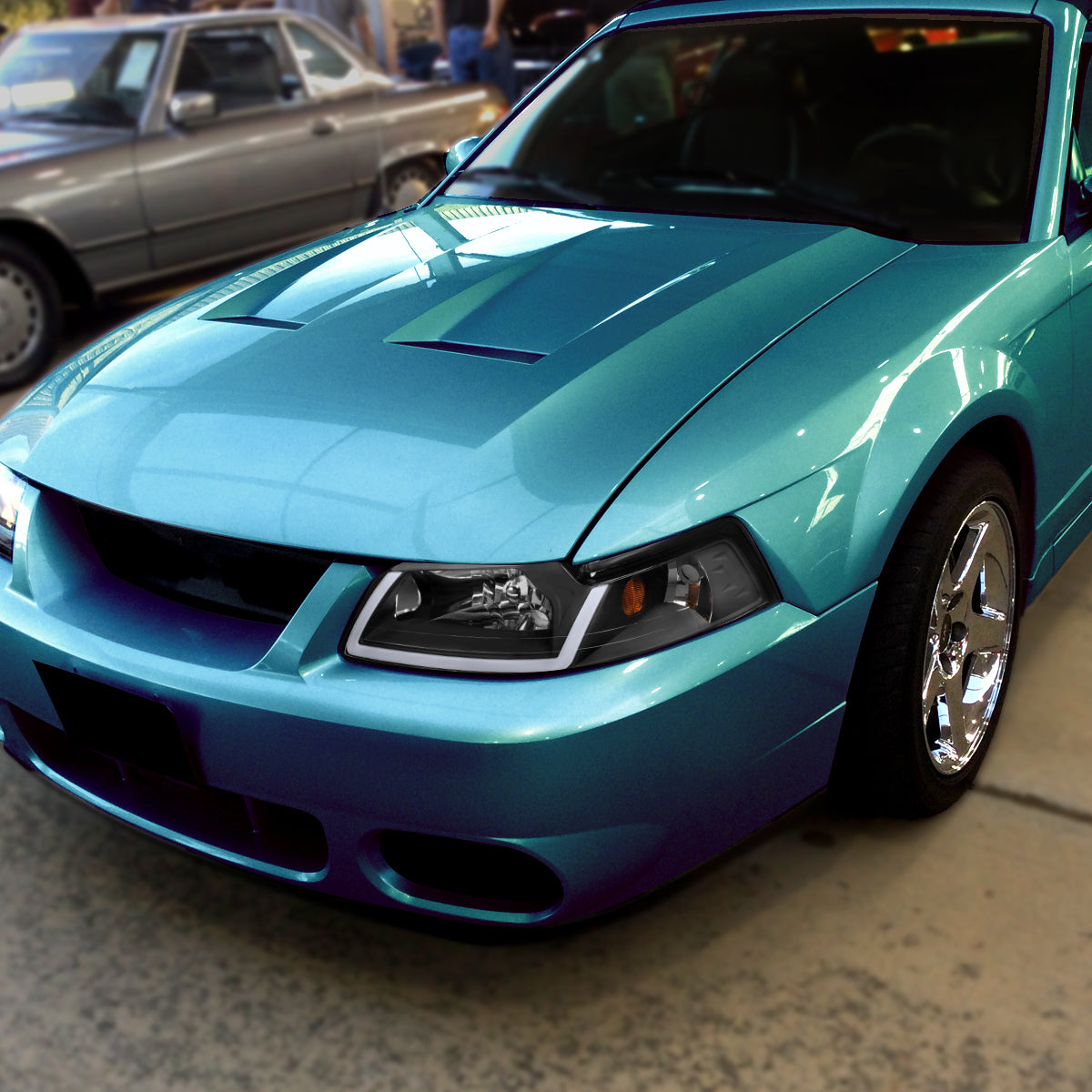 1999-2004 Ford Mustang LED Bar Factory Style Headlights with Amber Reflector (Matte Black Housing/Clear Lens)