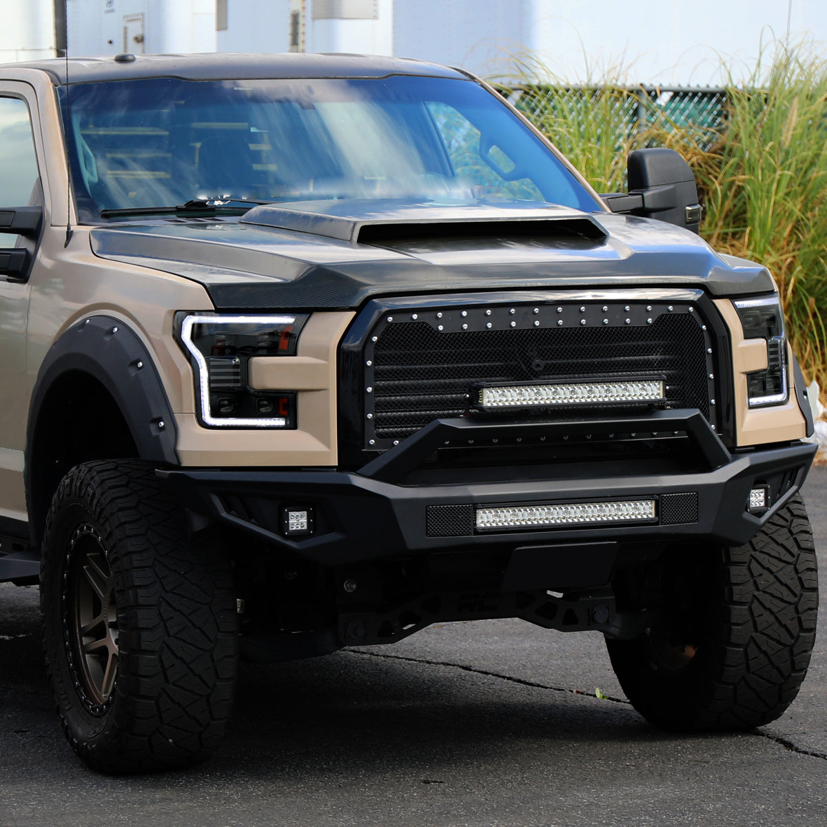2015-2017 Ford F-150 LED Projector Headlights w/ Switchback LED Sequential Turn Signals DRL Parking Light Strip (Black Housing / Smoked Lens)