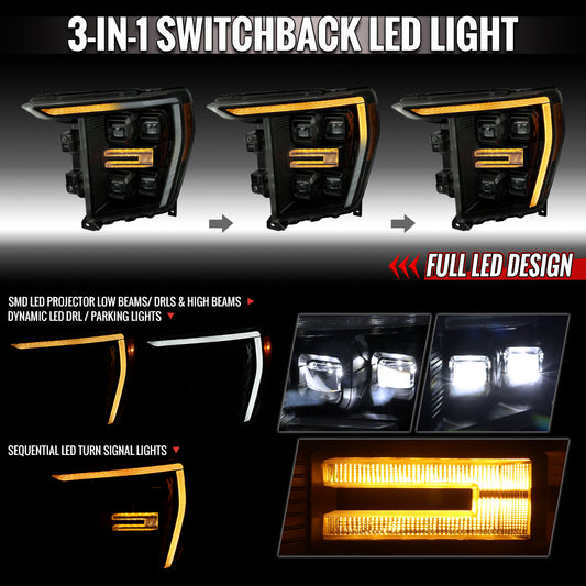 2021-2023 Ford F-150 Full LED Projector Headlights w/ Switchback LED Sequential Turn Signals DRL Parking Light Strip (Black Housing / Smoked Lens) - Fits Models w/ Factory Halogen Headlights
