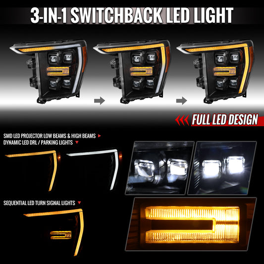 2021-2023 Ford F-150 Full LED Projector Headlights w/ Switchback LED Sequential Turn Signals DRL Parking Light Strip (Matte Black Housing / Clear Lens) - Fits Models w/ Factory LED Headlights