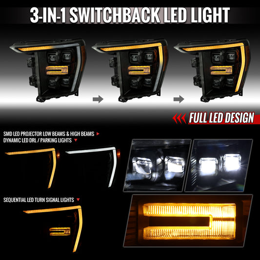 2021-2023 Ford F-150 Full LED Projector Headlights w/ Switchback LED Sequential Turn Signals DRL Parking Light Strip (Black Housing / Smoked Lens) - Fits Models w/ Factory LED Headlights