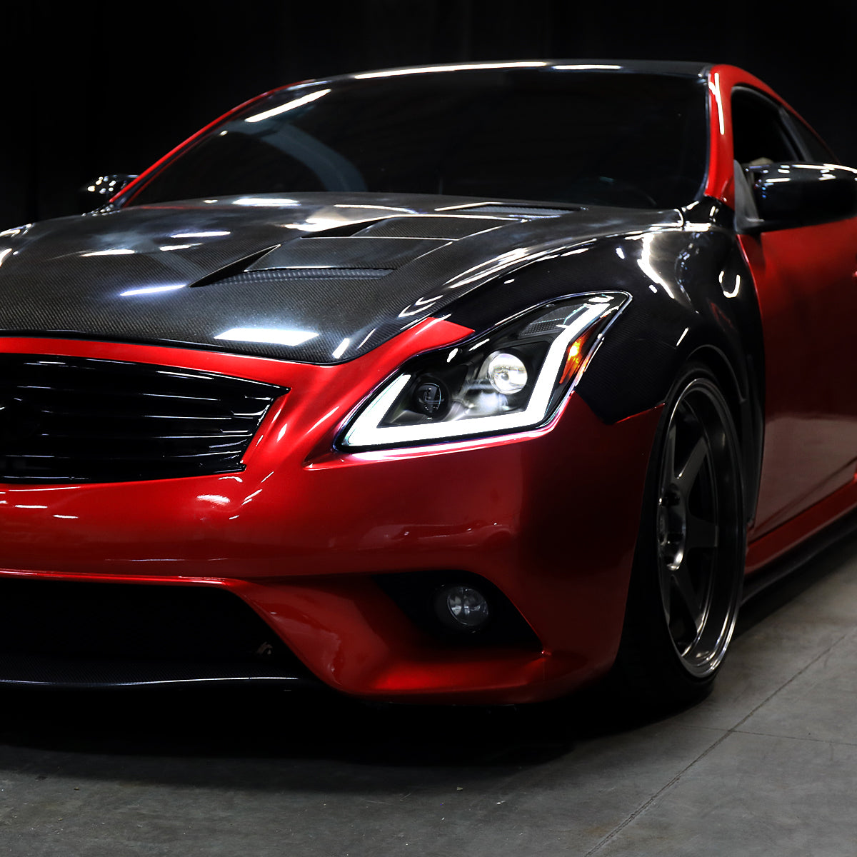 2008-2013 Infiniti G37/2014-2015 Q60 Coupe/Convertible Sequential Switchback LED Turn Signal Full LED Projector Headlights (Matte Black Housing / Smoked Lens)