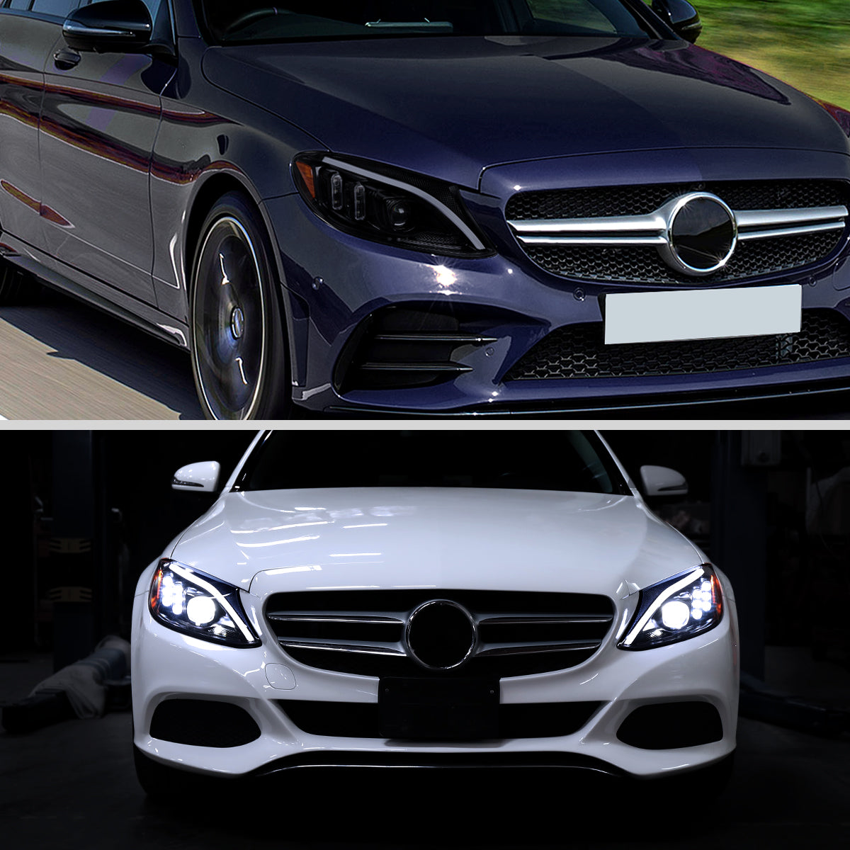 2015-2018 Mercedes-Benz C-Class W205 Full LED Projector Headlights with Sequential Turn Signal (Glossy Black Housing/Light Smoked Lens)