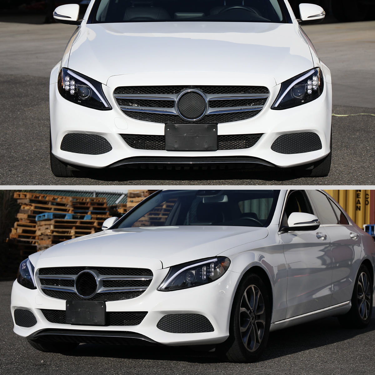 2015-2018 Mercedes-Benz C-Class W205 Full LED Projector Headlights with Sequential Turn Signal (Matte Black Housing/Clear Lens)