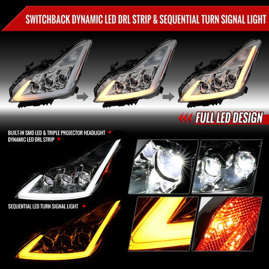 2008-2013 Infiniti G37/2014-2015 Q60 Coupe/Convertible Sequential Switchback LED Turn Signal Full LED Triple Projector Headlights (Chrome Housing / Clear Lens)