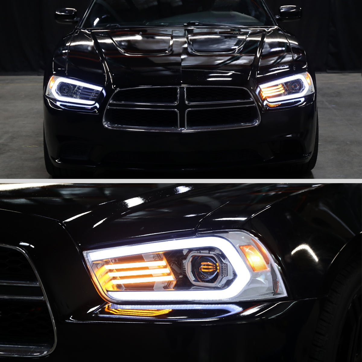 2011-2014 Dodge Charger Projector Headlights w/ LED DRL Light Strip Sequential Turn Signal and Side Marker (Chrome Housing / Clear Lens)
