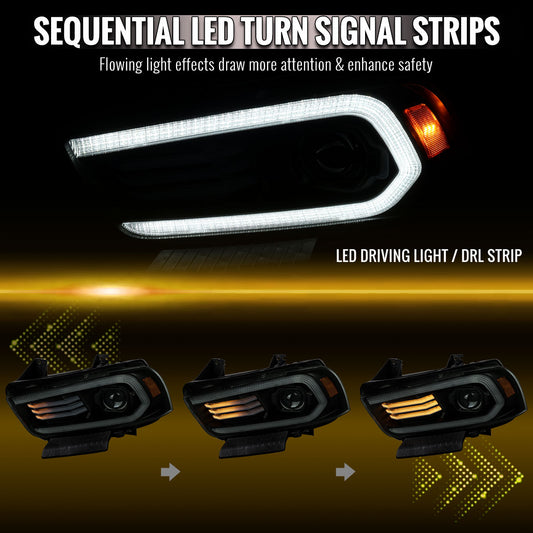 2011-2014 Dodge Charger HID Projector Headlights w/ LED DRL Light Strip Sequential Turn Signal and Side Marker (Black Housing / Smoked Lens)
