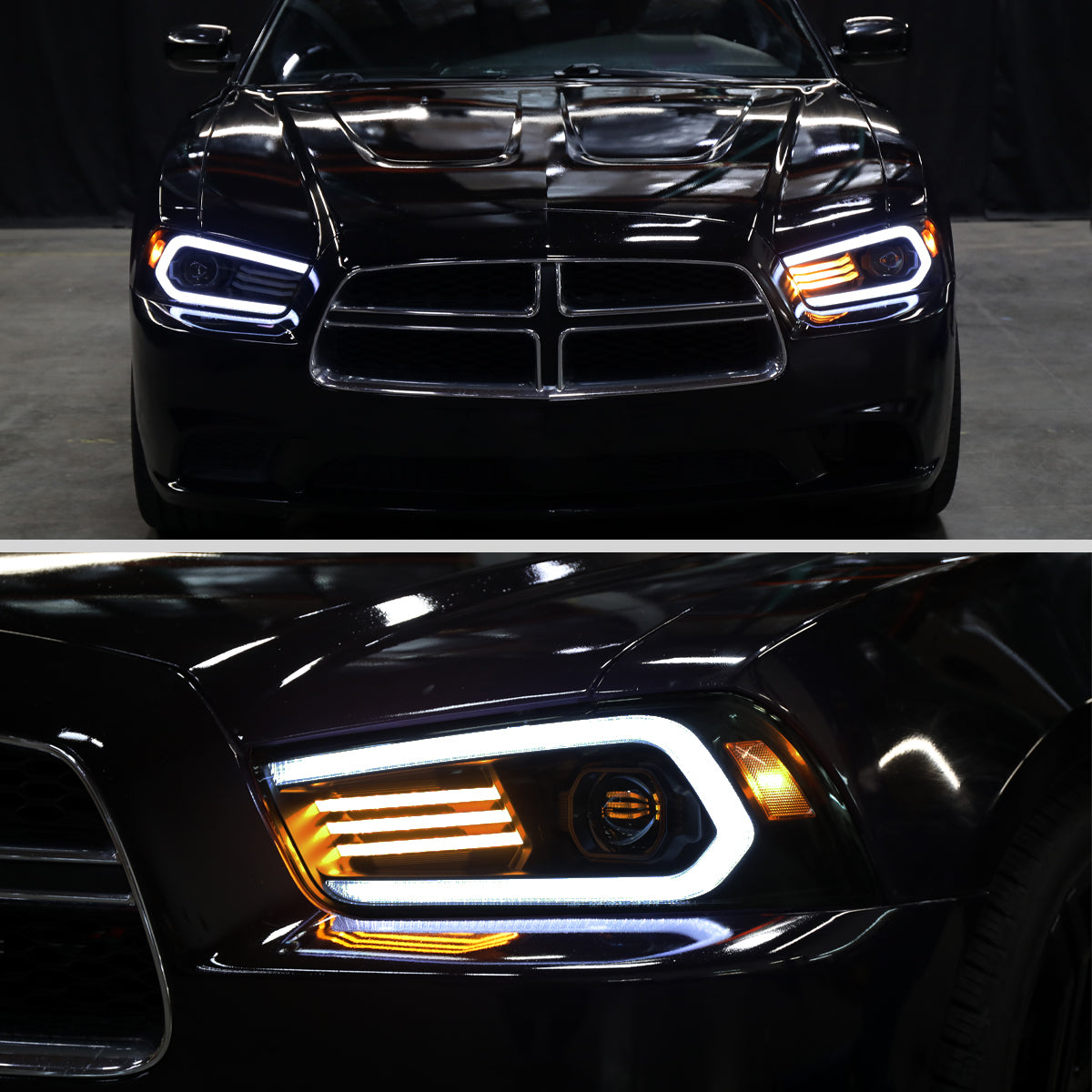 2011-2014 Dodge Charger HID Projector Headlights w/ LED DRL Light Strip Sequential Turn Signal and Side Marker (Black Housing / Smoked Lens)