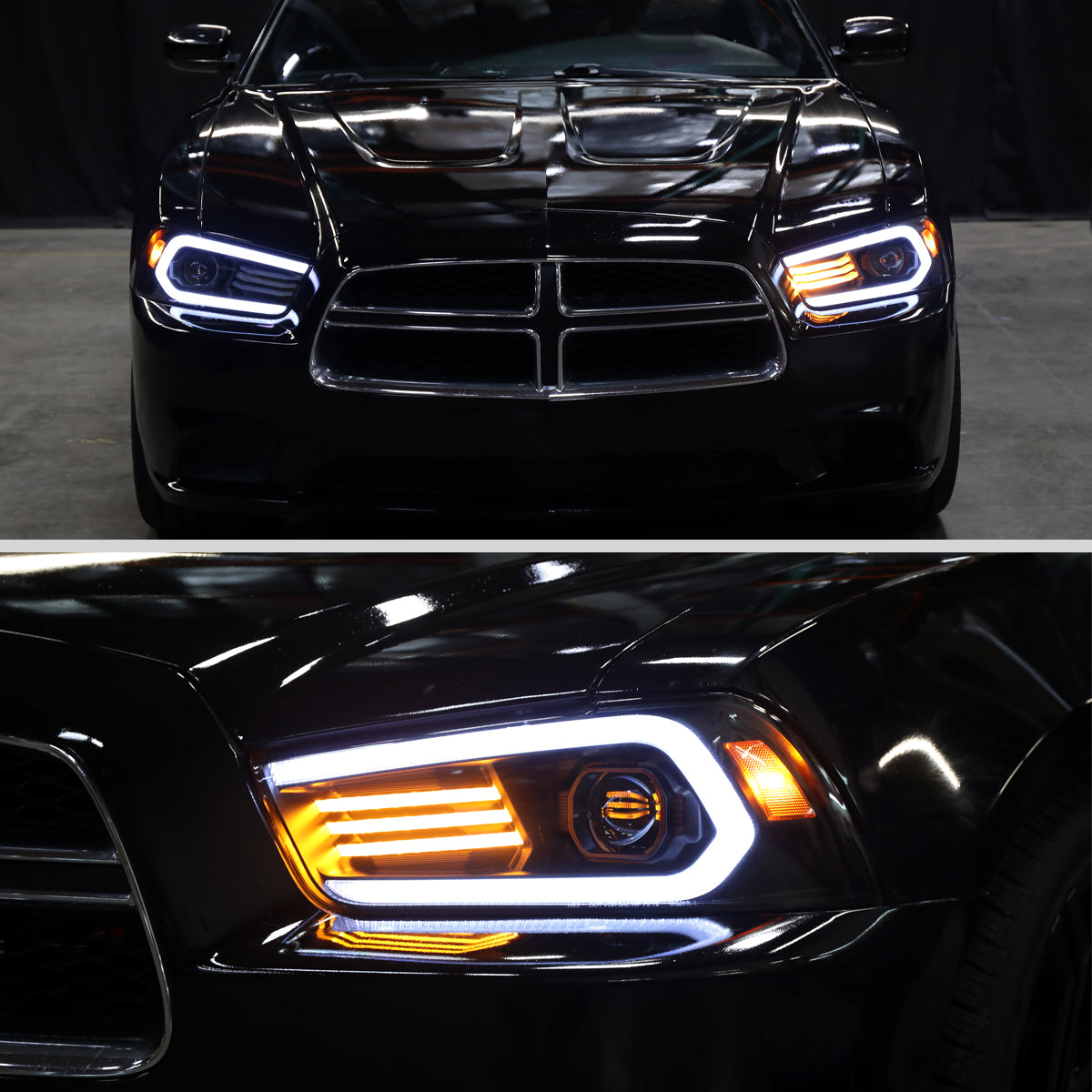 2011-2014 Dodge Charger Projector Headlights w/ LED DRL Light Strip Sequential Turn Signal and Side Marker (Black Housing / Clear Lens)
