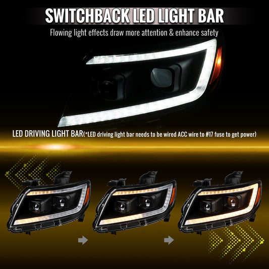2015-2022 Chevrolet Colorado Projector Headlights w/ LED DRL Light Strip Sequential Turn Signal and Side Marker (Black Housing / Clear Lens)