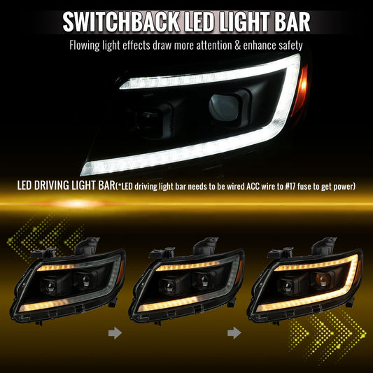 2015-2022 Chevrolet Colorado Projector Headlights w/ LED DRL Light Strip Sequential Turn Signal and Side Marker (Black Housing / Smoked Lens)