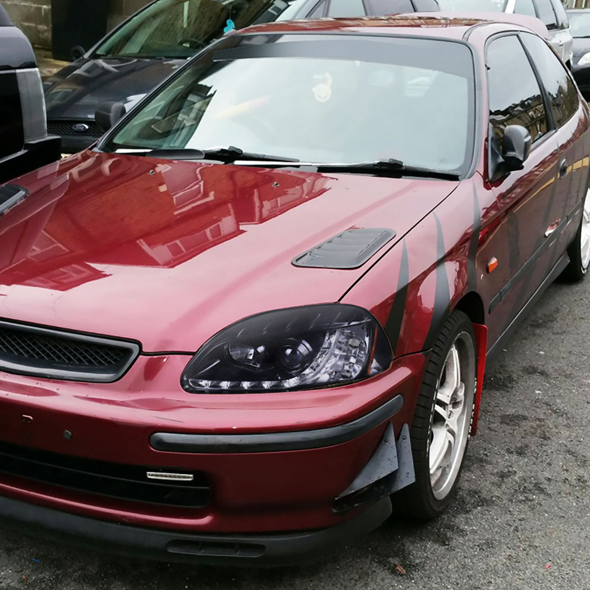 1996-1998 Honda Civic Projector Headlights w/ R8 Style LED Light Strip (Glossy Black Housing/Smoked Lens)