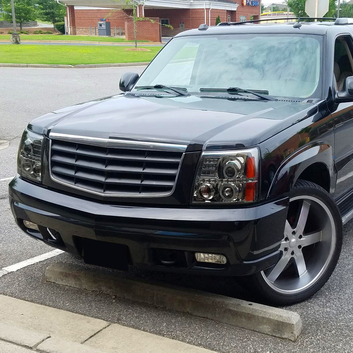 2002-2006 Cadillac Escalade Dual Halo Projector Headlights w/ SMD LED Light Strip (Chrome Housing/Smoked Lens)
