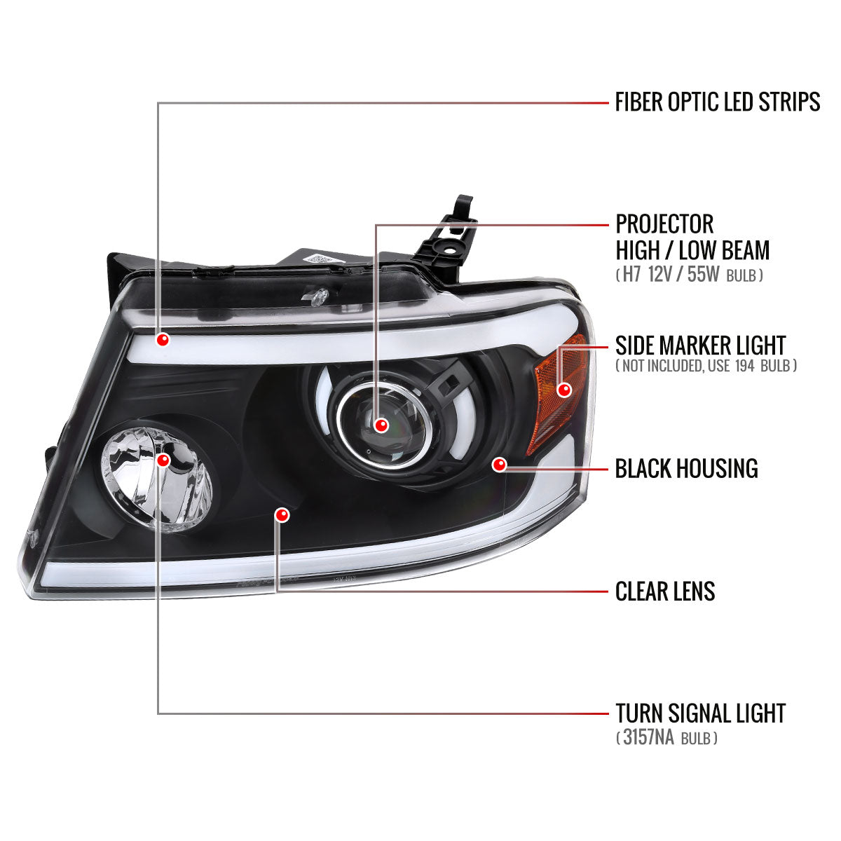 2004-2008 Ford F-150/ 2006-2008 Lincoln Mark LT LED Tube Projector Headlights (Matte Black Housing/Clear Lens)
