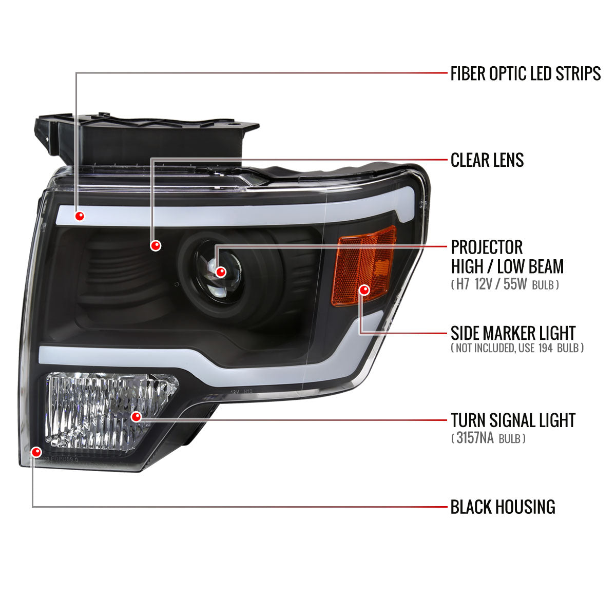 2009-2014 Ford F-150 LED Strip Projector Headlights (Matte Black Housing/Clear Lens)