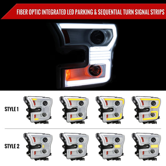 2015-2017 Ford F-150 LED Bar Projector Headlights w/ Switchback Sequential Turn Signals (White Housing / Clear Lens)