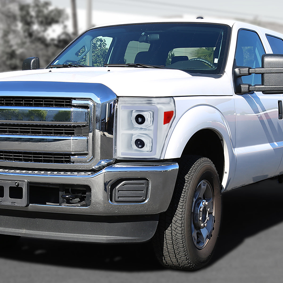 2011-2016 Ford F-250/F-350/F-450/F-550 Switchback Sequential LED C-Bar Projector Headlights (White Housing/Clear Lens)