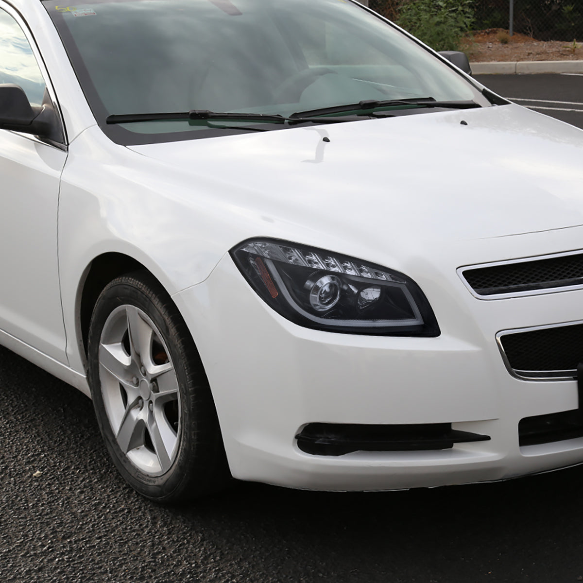 2008-2012 Chevrolet Malibu LS LT LTZ Hybrid LED Bar Projector Headlights w/ LED Turn Signal Lights (Glossy Black Housing/Smoked Lens)
