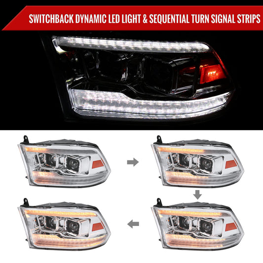 2009-2018 Dodge RAM 1500 / 2019-2021 RAM Classic / 2010-2018 RAM 2500 3500 Switchback Sequential Projector Headlights (Chrome Housing/Clear Lens)