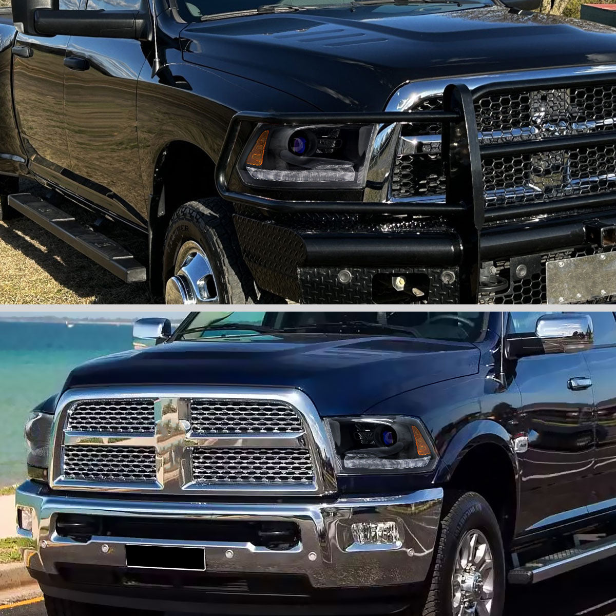 2013-2018 Ram 1500 2500 3500 Sequential LED Bar Signal Projector Headlights (Matte Black Housing/Clear Lens)