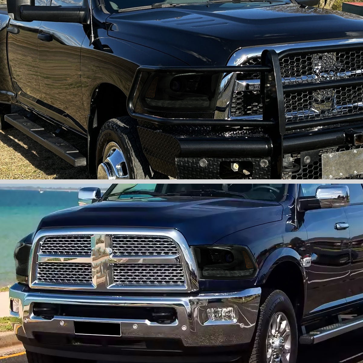 2013-2018 Ram 1500 2500 3500 Sequential LED Bar Signal Projector Headlights (Black Housing / Smoked Lens)