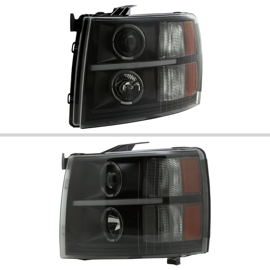 2007-2013 Chevrolet Silverado 1500 2500 3500 LED Strip Dual Halo Projector Headlights (Matte Black Housing/Smoked Lens)