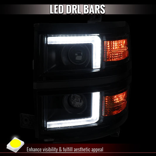 2014-2015 Chevrolet Silverado 1500 Projector Headlights w/ LED DRL (Matte Black Housing / Black Trim / Clear Lens)