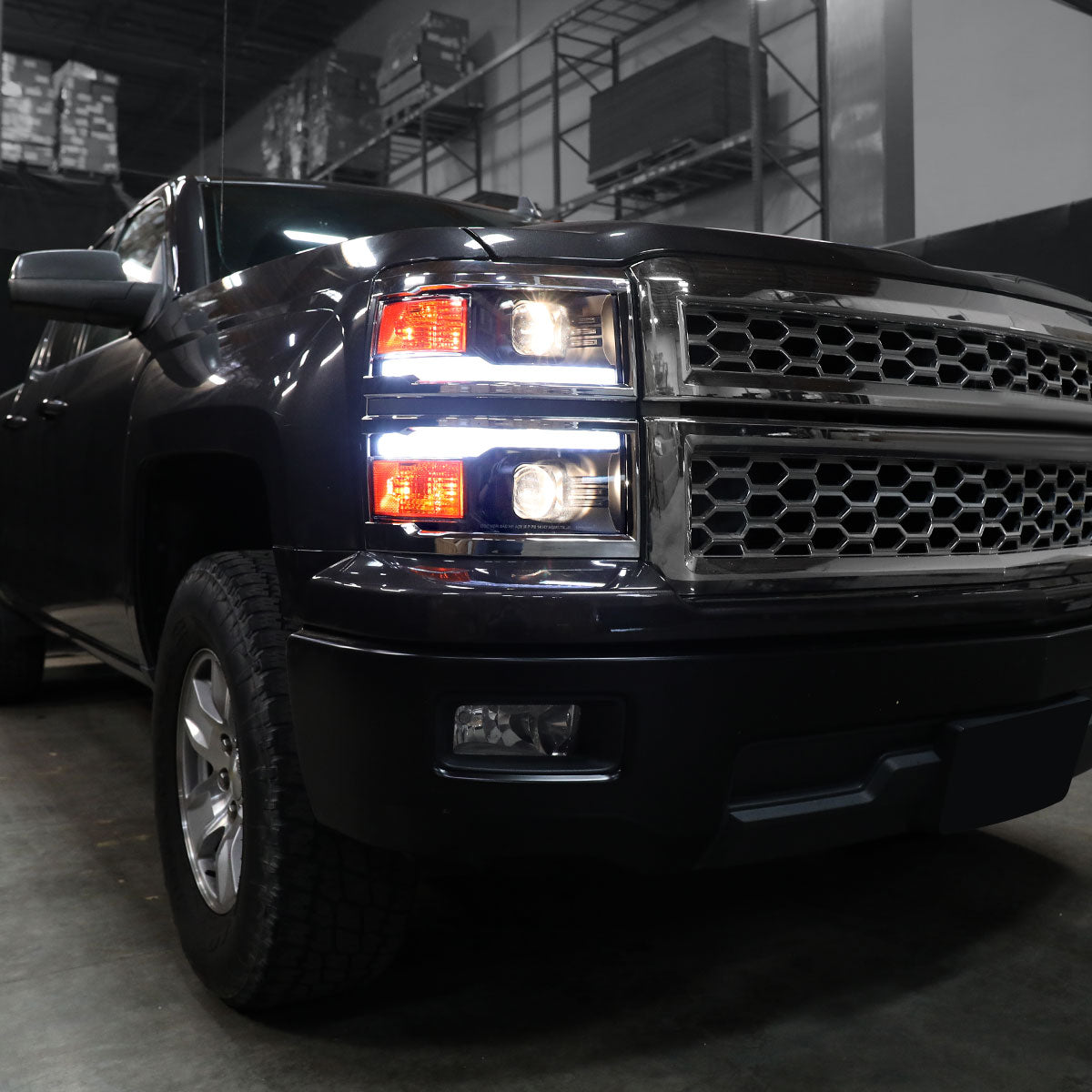 2014-2015 Chevrolet Silverado 1500 Switchback Sequential LED Bar Projector Headlights (Matte Black Housing/Clear Lens/Chrome Trim)