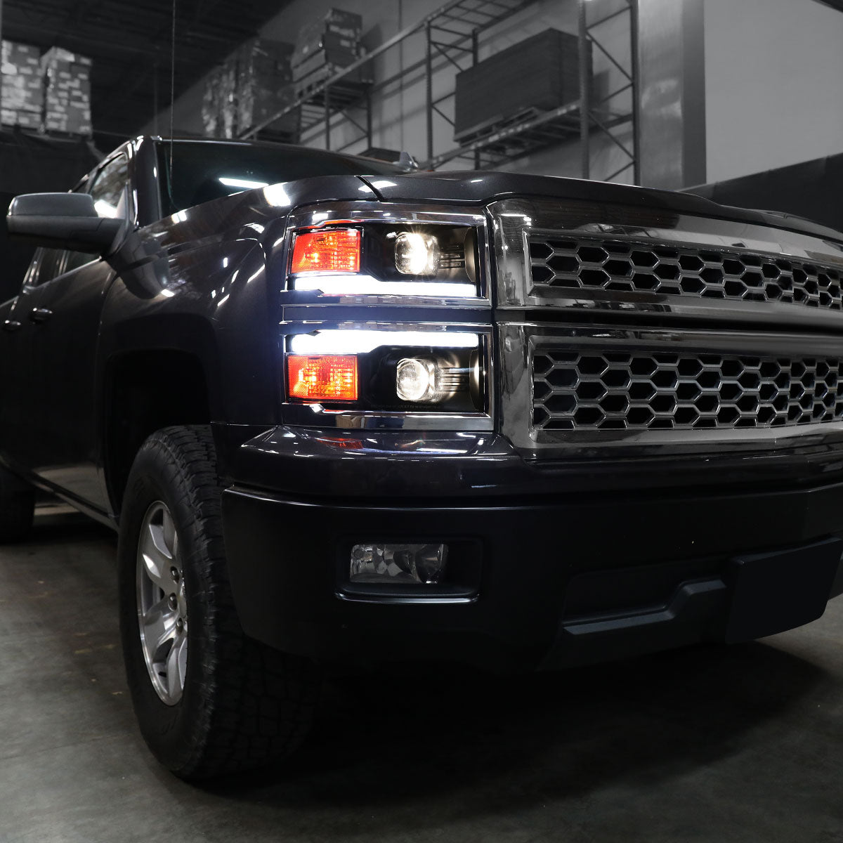 2014-2015 Chevrolet Silverado 1500 Switchback Sequential LED Bar Projector Headlights (Matte Black Housing/Smoked Lens/Chrome Trim)