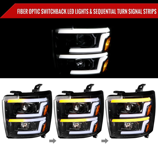 2015-2019 Chevrolet Silverado 2500HD/3500HD Switchback Sequential LED Turn Signal Projector Headlights (Glossy Black Housing/Clear Lens)