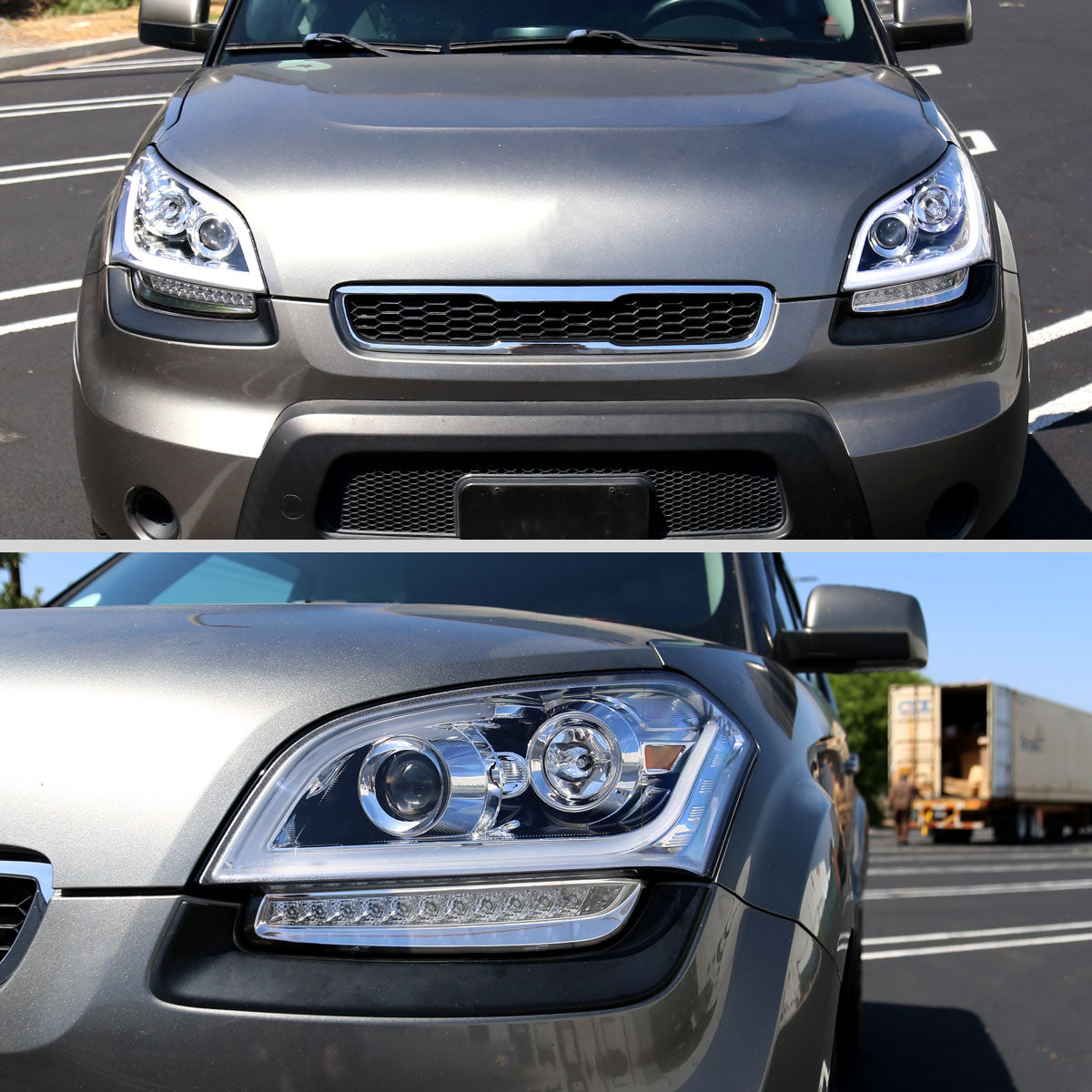 2010-2011 Kia Soul Projector Headlights w/ LED Light Bar & LED Turn Signal Lights (Chrome Housing/Clear Lens)