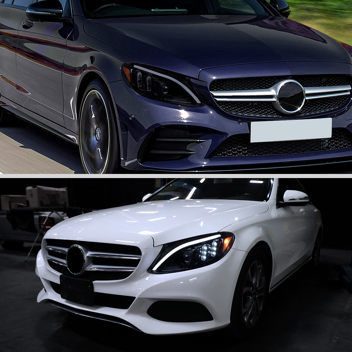 2015-2018 Mercedes-Benz C-Class W205 Switchback Sequential Turn Signal Projector Headlights (Glossy Black Housing/Light Smoked Lens)