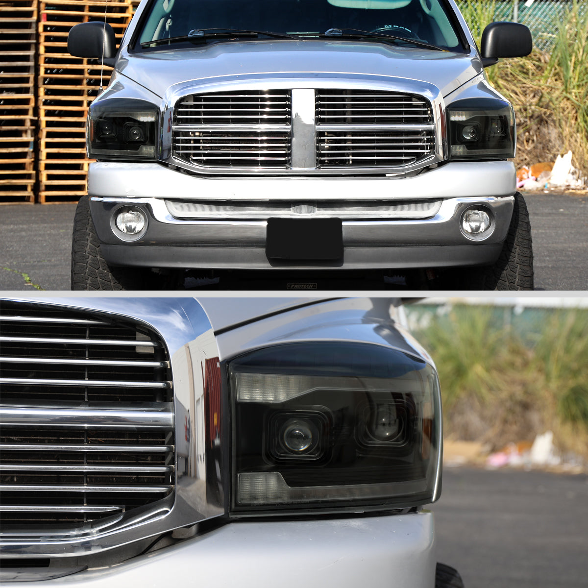 2006–2008 Dodge RAM 1500 / 2006–2009 RAM 2500 3500 Projector Headlights with Switchback Amber LED Strips, Sequential Turn Signals, DRL & Startup Animation (Black Housing / Smoked Lens)