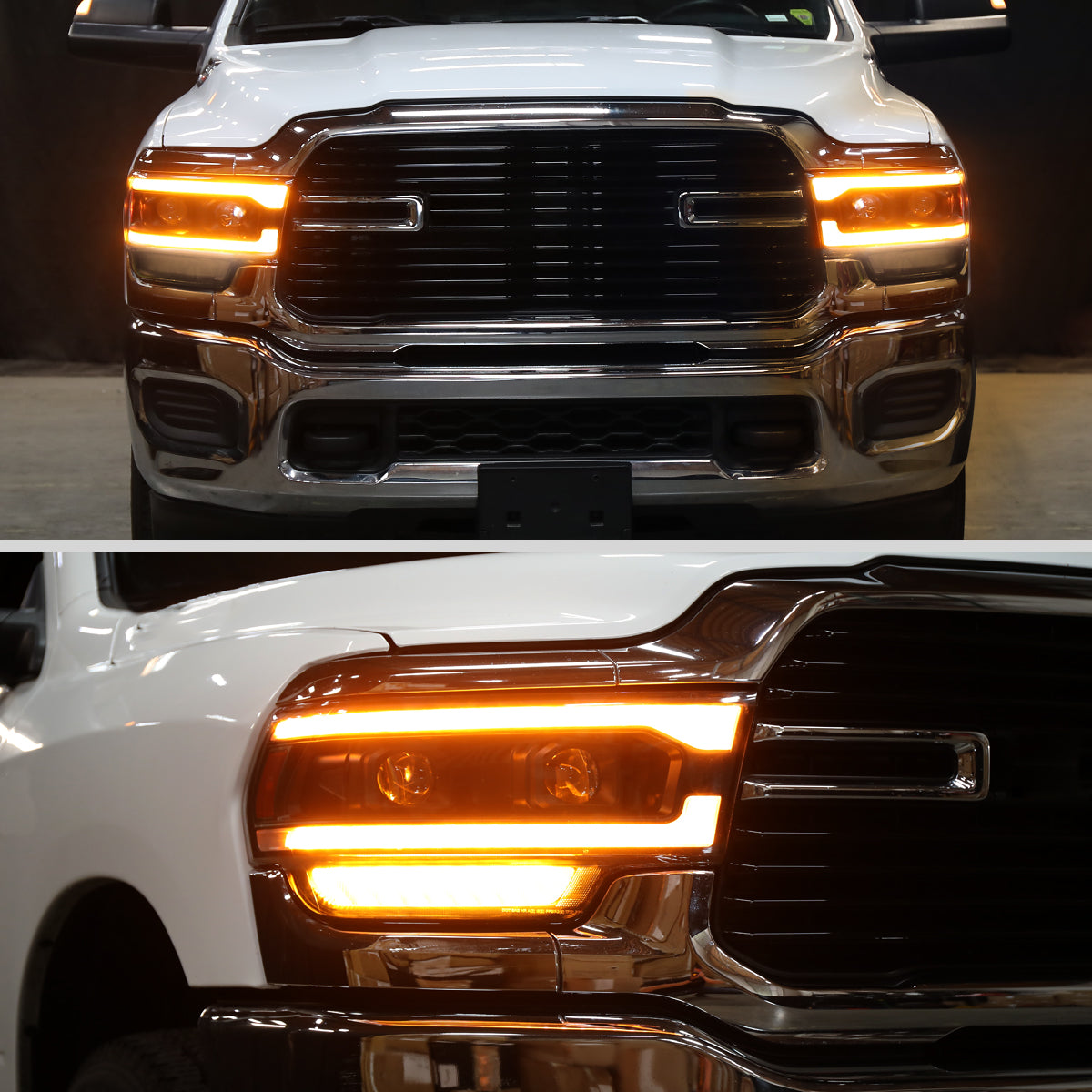 2019-2024 Dodge RAM 2500/3500/4500/5500 Projector Headlights w/ Amber LED Sequential Turn Signal & Starup Animation (Matte Black Housing/Clear Lens)