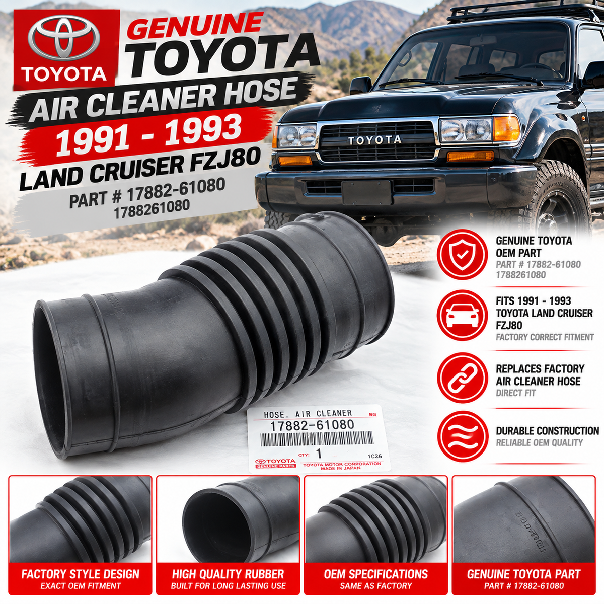 New Genuine Toyota 1991-1993 Land Cruiser FZJ80 Air Cleaner Hose 17882-61080