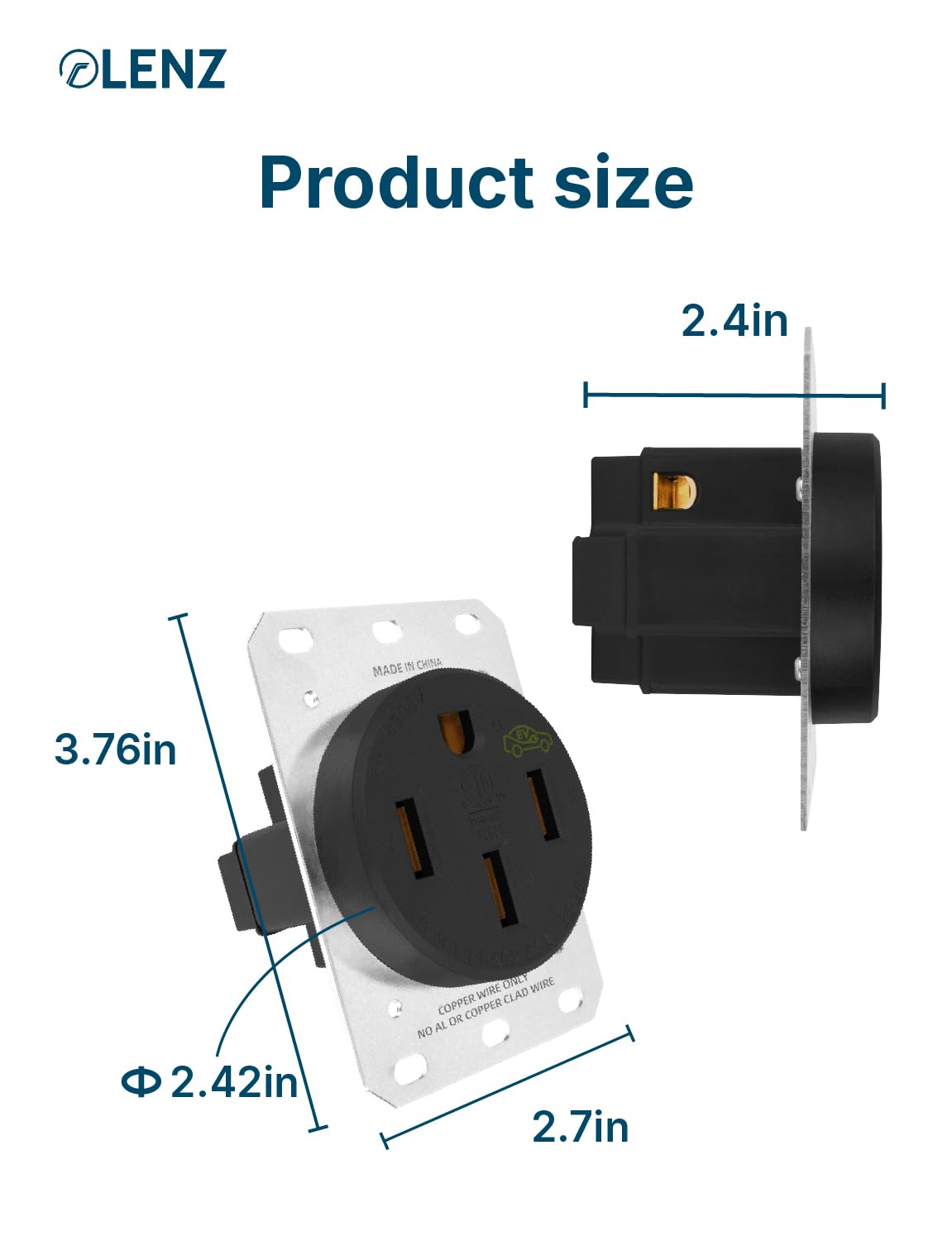 LENZ Heavy Duty NEMA 50 Amp 14-50R UL-Compliant Receptacle Outlet, Industrial Grade 250V, EV Charger Ready Heat Resistant Design for Electric Vehicles & RV Charging (Collective)