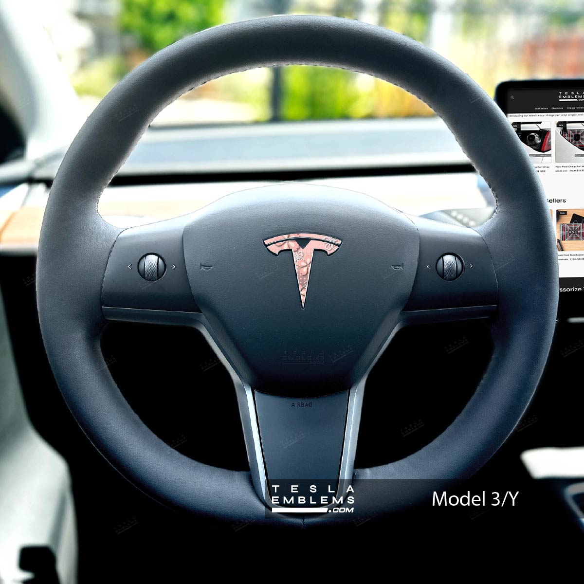 Cherry Blossoms Tesla Steering Wheel Emblem Decal | Model 3