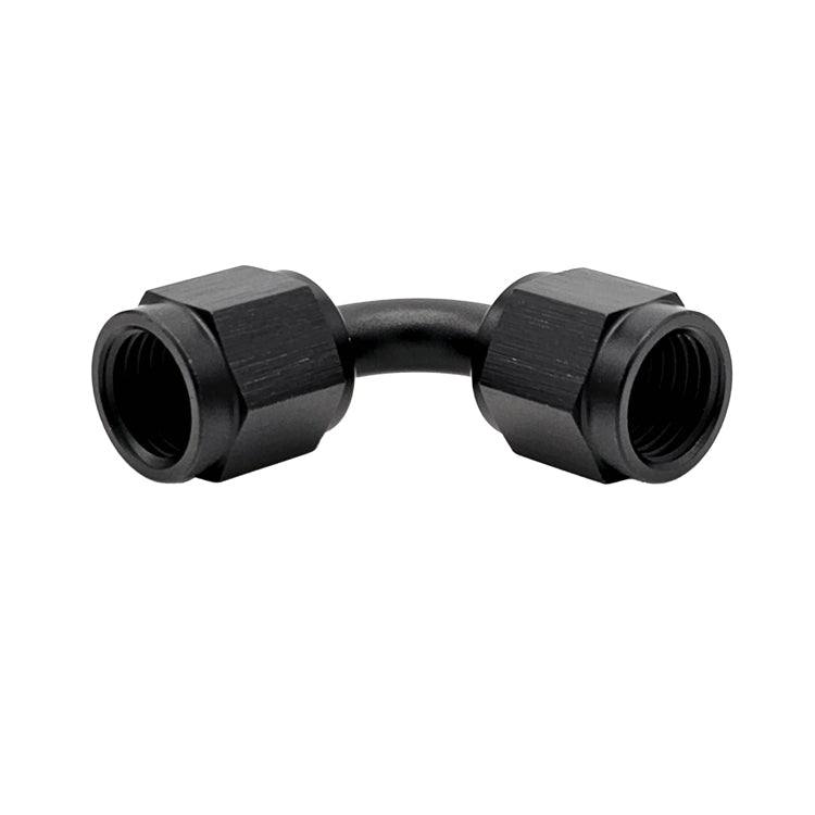 -3AN Female AN Flare Union 90° Adapter, Swivel Style, Black Hard Anodized Aluminum