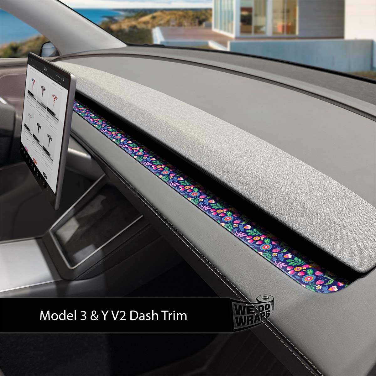 Floral Meadow Tesla Dash Trim Wrap | Model Y 2026