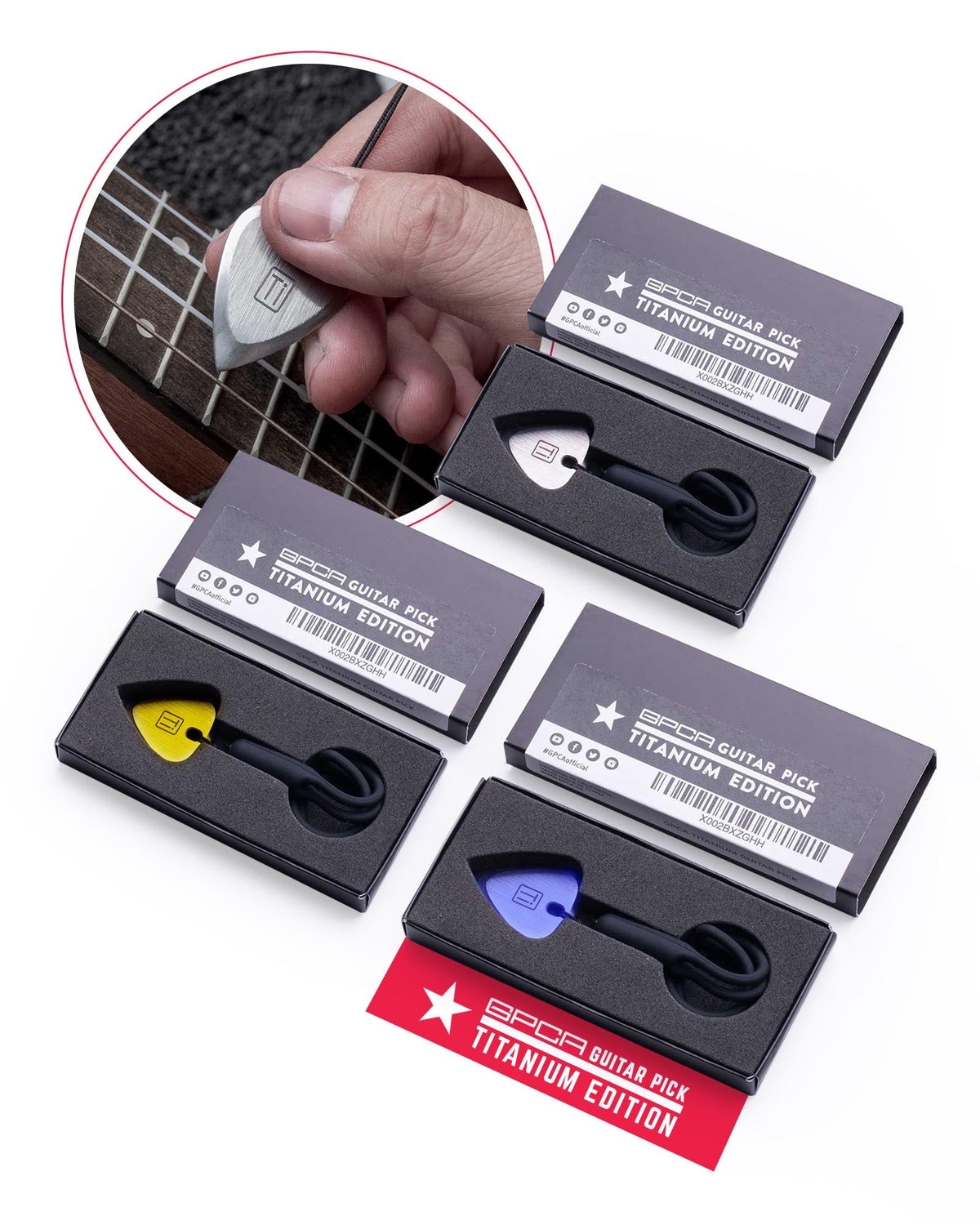 GPCA Titanium Guitar Pick with wrist band - Silver/ Gold/ Blue