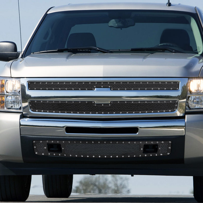 2007-2013 Chevrolet Silverado 1500/1500HD Rivet Style Black Stainless Steel 3PC Mesh Grille insert