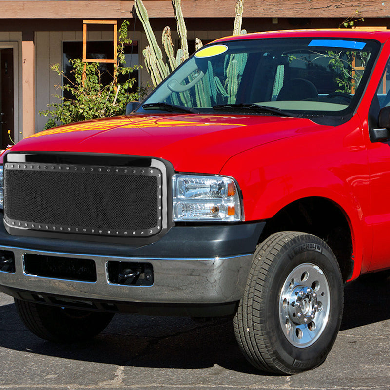 2005-2007 Ford F-250/F-350/F-450/F-550/Excursion Black ABS Rivet Style Grille w/ Stainless Steel Mesh