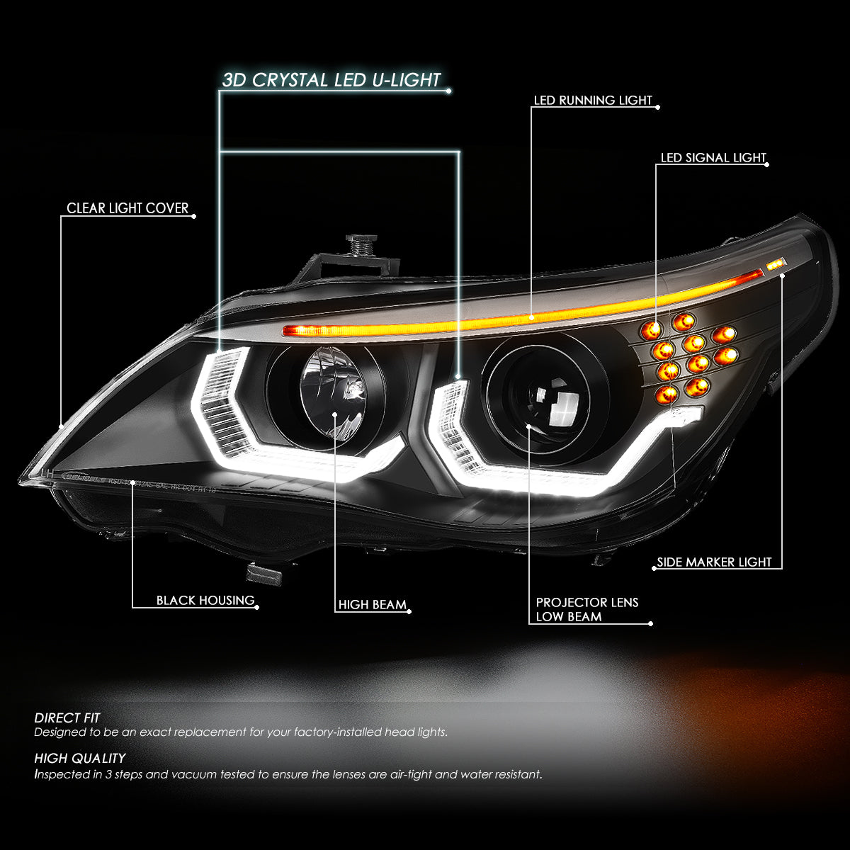 04-07 BMW E60 5-SERIES PROJECTOR HEADLIGHTS BLACK LED SIGNAL 3D HALO DRL