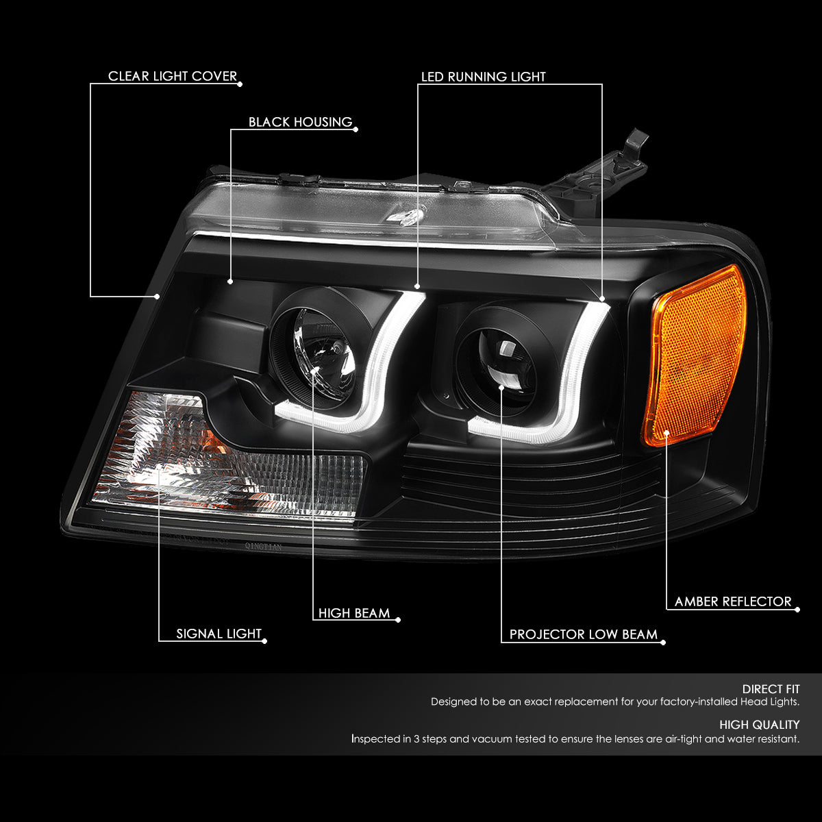 04-08 FORD F150 PAIR BLACK HOUSING PROJECTOR HEADLIGHT/LAMPS