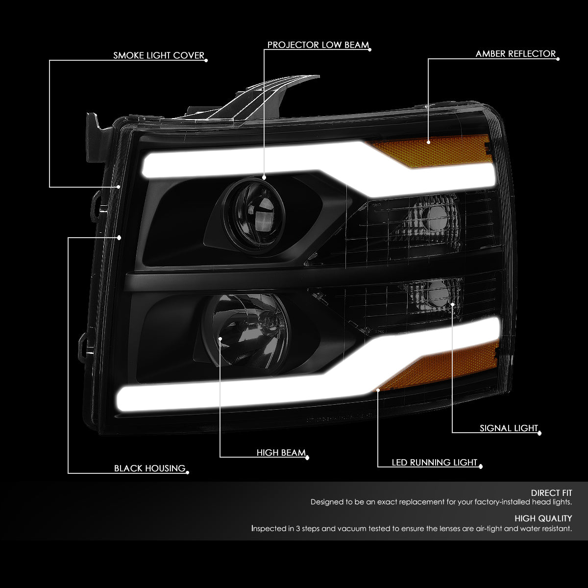 07-14 CHEVY SILVERADO PROJECTOR HEADLIGHT BLACK/SMOKED/AMBER