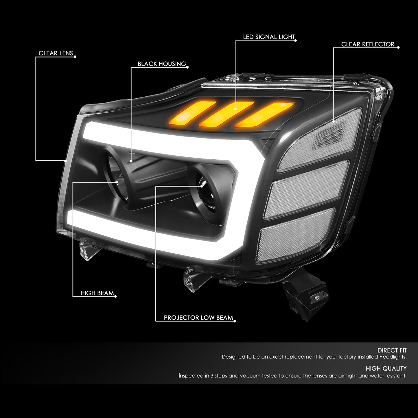 04-15 NISSAN TITAN ARMADA U-LED DRL SIGNAL PROJECTOR HEADLIGHTS BLACK/CLEAR