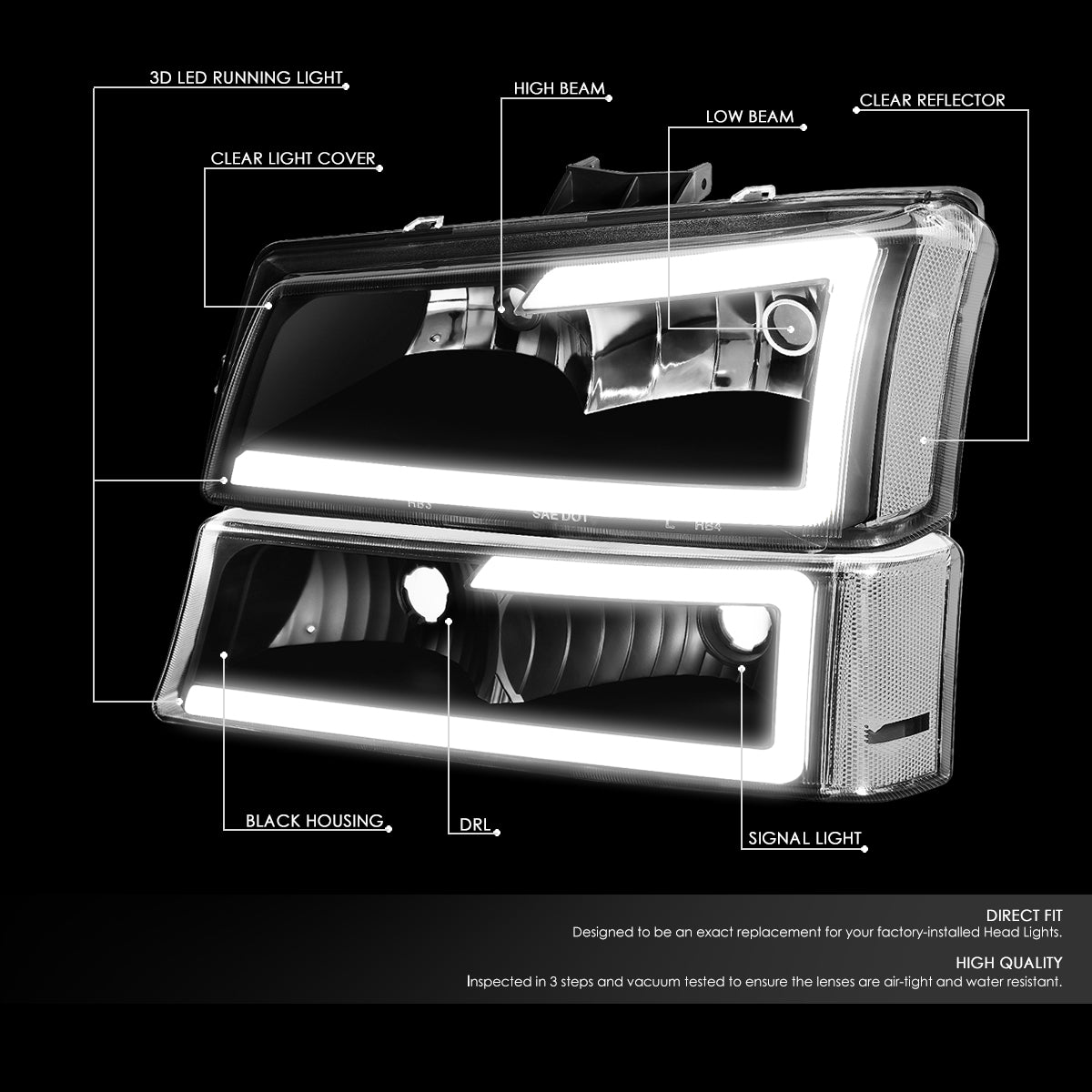 03-07 Chevy Silverado Avalanche Headlight Bumper Lamps Black/Clear